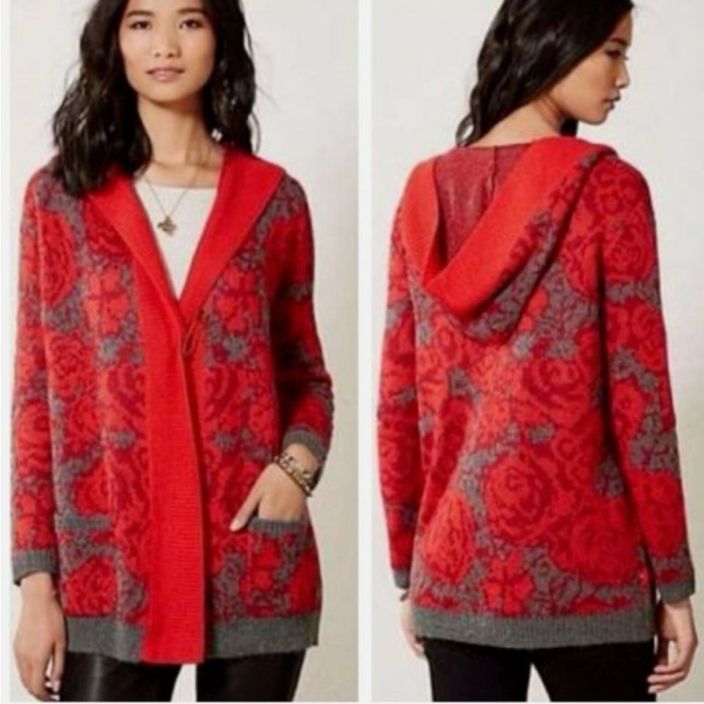 Sparrow Anthropologie Size M Red and Gray Hooded Cardigan Sweater Floral New